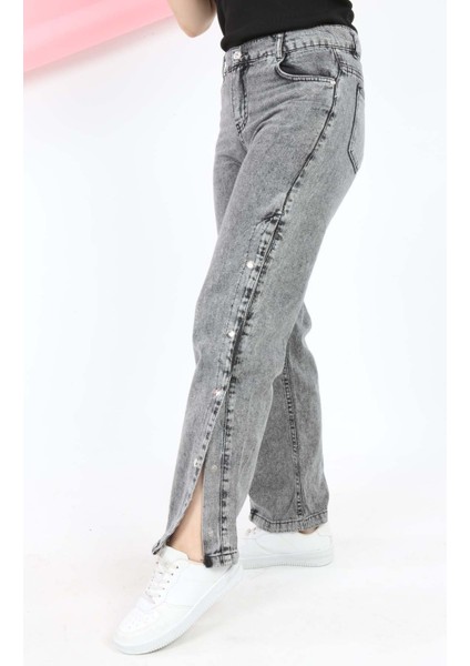 Kız Çocuk Bol Paça Yandan Çıt Çıt Düğmeli Kot Jean Pantolon-PNT-0014