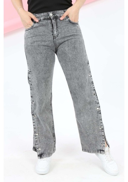 Kız Çocuk Bol Paça Yandan Çıt Çıt Düğmeli Kot Jean Pantolon-PNT-0014