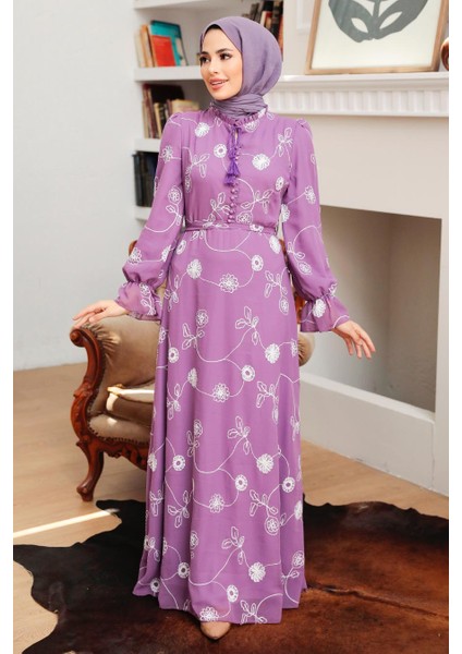 - Çiçek Desenli Lila Tesettür Elbise 32944LILA