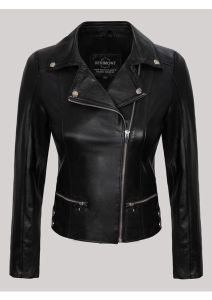 Deri Siyah Çıtçıt Detaylı Yandan Fermuar Cepli Kadın Deri Mont