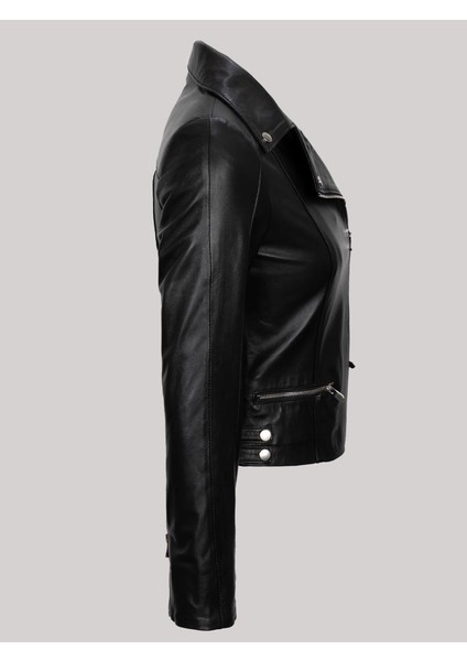 Deri Siyah Çıtçıt Detaylı Yandan Fermuar Cepli Kadın Deri Mont fiyatları