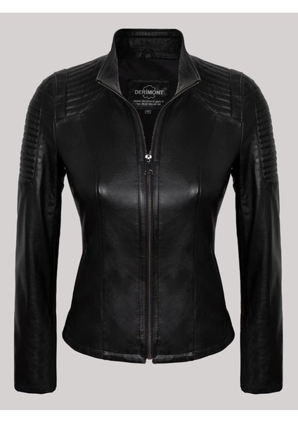 Deri Siyah Omuzdan Düz Çizgi Desenli Kadın Deri Mont