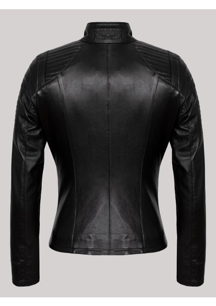 Deri Siyah Omuzdan Düz Çizgi Desenli Kadın Deri Mont fiyatları