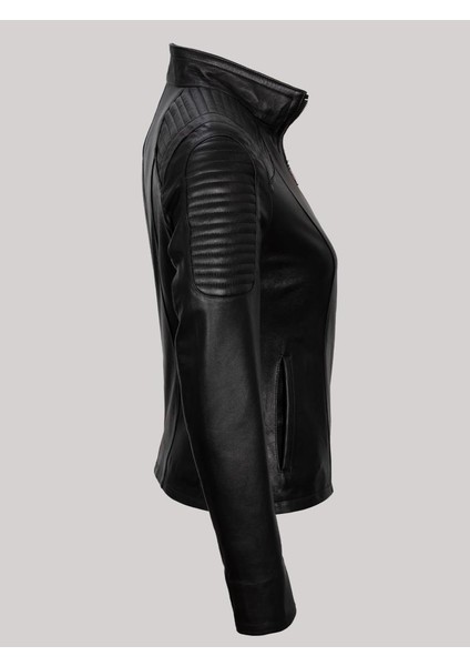 Deri Siyah Omuzdan Düz Çizgi Desenli Kadın Deri Mont modelleri