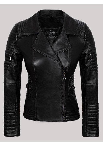 Deri Siyah Kol ve Bel Fermuar Cepli Düz Çizgi Detaylı Kadın Deri Mont