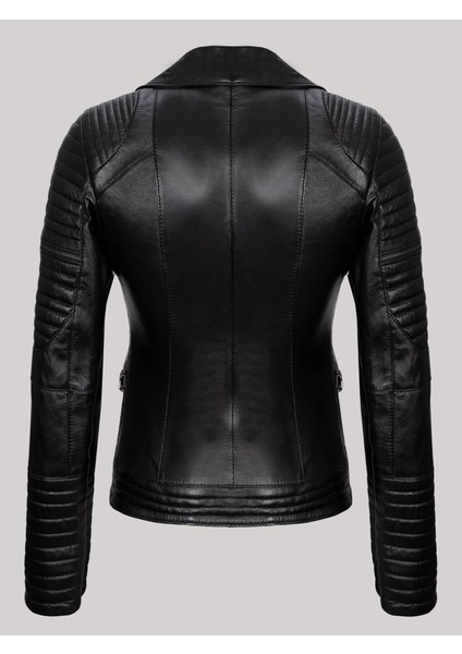 Deri Siyah Kol ve Bel Fermuar Cepli Düz Çizgi Detaylı Kadın Deri Mont fiyatları