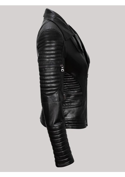 Deri Siyah Kol ve Bel Fermuar Cepli Düz Çizgi Detaylı Kadın Deri Mont modelleri