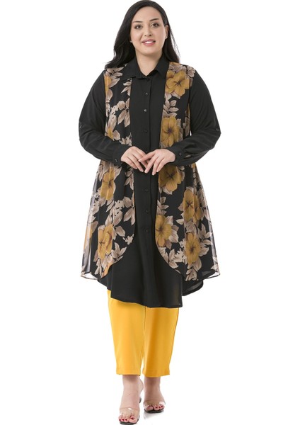 Büyük Beden Katlamalı Kollu Önde Şifon Detaylı Uzun Hardal Gömlek