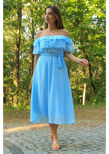 Kadın Bebe Mavisi Kuşaklı Madonna Yaka Baby Shower Elbise NB8060