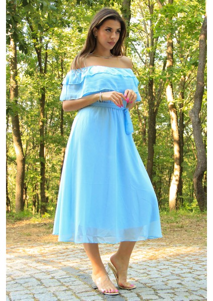 Kadın Bebe Mavisi Kuşaklı Madonna Yaka Baby Shower Elbise NB8060 fiyatları