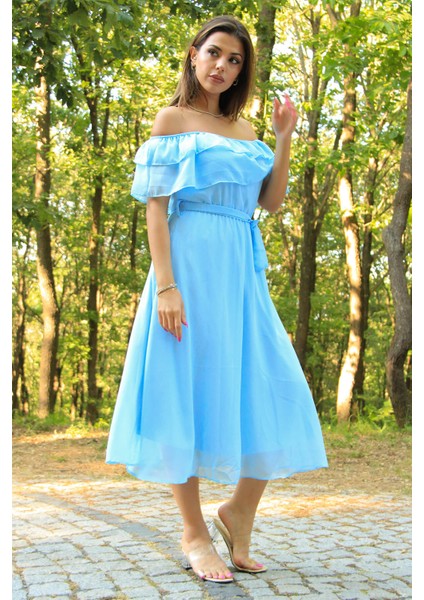 Kadın Bebe Mavisi Kuşaklı Madonna Yaka Baby Shower Elbise NB8060 fırsatları