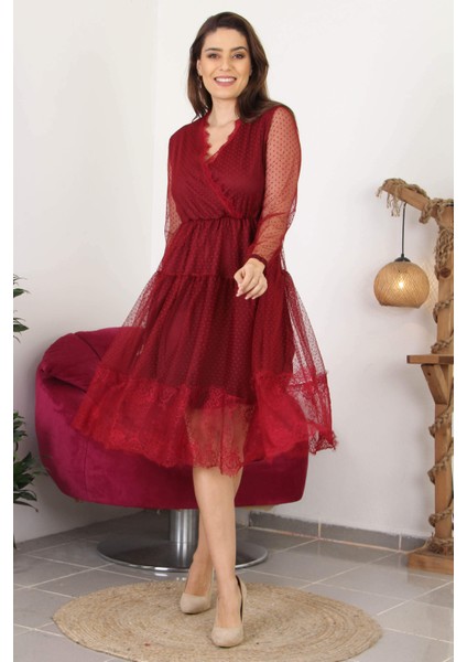 Kadın Kruvaze Yaka Eteği Güpür Detaylı Yeni Sezon Elbise APCX10 modelleri