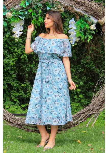 Kadın Mint Carmen Yaka Çiçekli Midi Boy Şifon Elbise NB10037