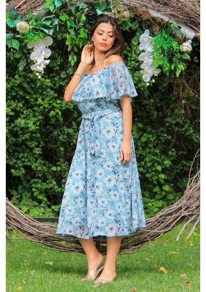 Kadın Mint Carmen Yaka Çiçekli Midi Boy Şifon Elbise NB10037 modelleri