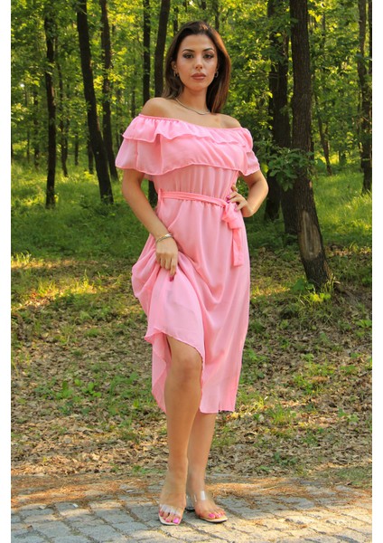 Kadın Pembe Kuşaklı Madonna Yaka Baby Shower Elbise NB8060