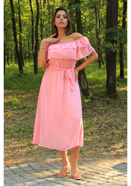Kadın Pembe Kuşaklı Madonna Yaka Baby Shower Elbise NB8060 fiyatları