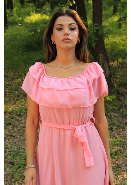 Kadın Pembe Kuşaklı Madonna Yaka Baby Shower Elbise NB8060 fırsatları