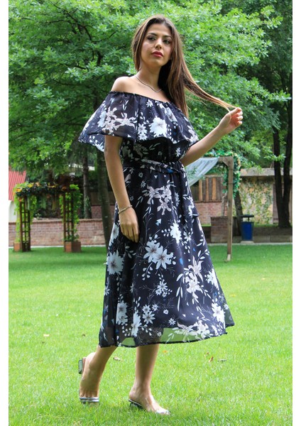 Kadın Siyah Kuşaklı Çiçekli Yazlık Şifon Elbise NB100371 fiyatları