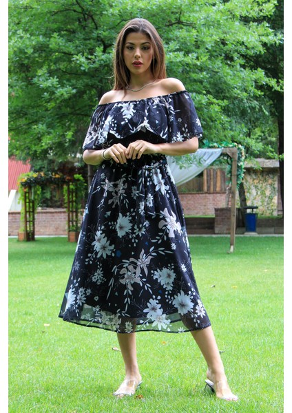 Kadın Siyah Kuşaklı Çiçekli Yazlık Şifon Elbise NB100371 modelleri