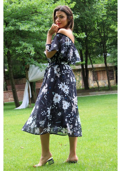 Kadın Siyah Kuşaklı Çiçekli Yazlık Şifon Elbise NB100371 fırsatları