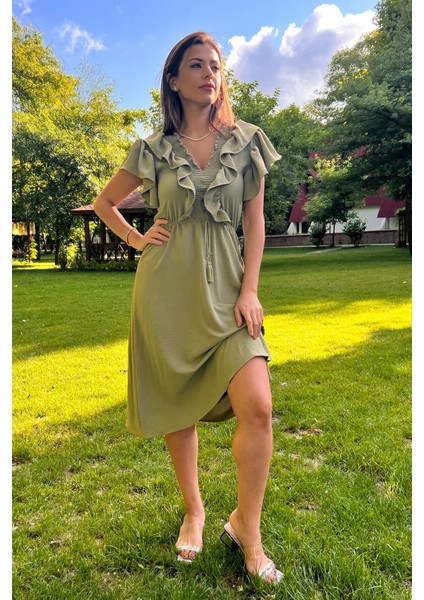 Kadın Yaka ve Kolları Fırfırlı Bağlama Detaylı Ayrobin Elbise NB10050