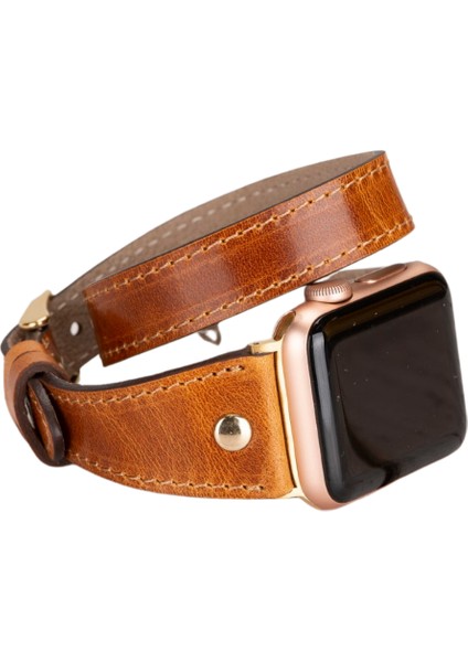 Apple Watch Uyumlu Deri Kordon 42-44-45MM Slim Double Tour Gt V18 Taba