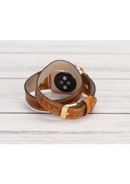 Apple Watch Uyumlu Deri Kordon 42-44-45MM Slim Double Tour Gt V18 Taba