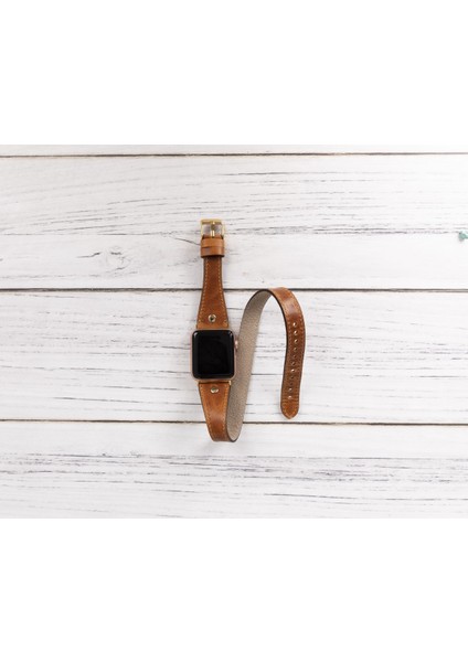 Apple Watch Uyumlu Deri Kordon 42-44-45MM Slim Double Tour Gt V18 Taba