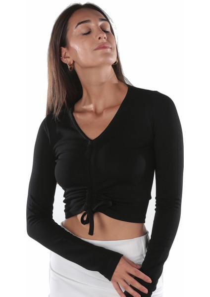 Aksuna Moda V Yaka Uzun Kol Önü Büzgülü Siyah Crop Top Bluz