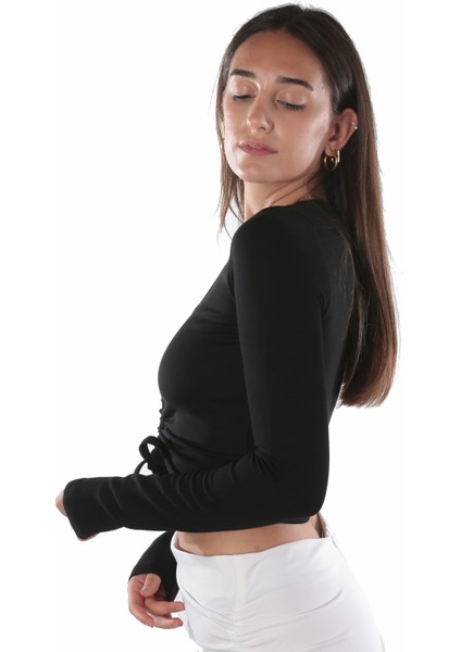 Aksuna Moda V Yaka Uzun Kol Önü Büzgülü Siyah Crop Top Bluz