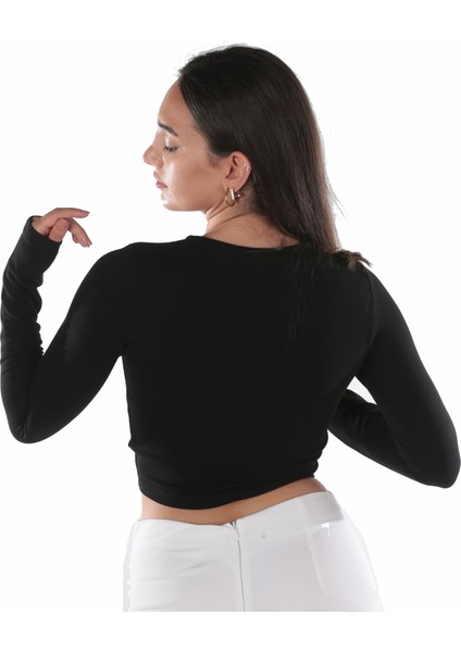 Aksuna Moda V Yaka Uzun Kol Önü Büzgülü Siyah Crop Top Bluz