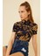 Kadın Lacivert Camel Desenli Kısa Kol Crop Bluz 1