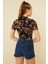 Kadın Lacivert Camel Desenli Kısa Kol Crop Bluz 4