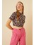 Kadın Pembe Siyah Zebra Kısa Kol Crop Bluz 2