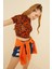 Kadın Turuncu Karışık Desenli Kısa Kol Crop BLUZY-16Y- 1