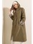 Kadın Haki Beli Büzgülü Kapşonlu Uzun Trençkot HZL22W-BD190911 2