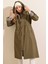 Kadın Haki Beli Büzgülü Kapşonlu Uzun Trençkot HZL22W-BD190911 5