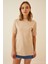Kadın Bej Bisiklet Yaka Yandan Yırtmaçlı Kolu Katlı Oversize Örme T-Shirt HZL22S-BD143251 1