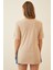 Kadın Bej Bisiklet Yaka Yandan Yırtmaçlı Kolu Katlı Oversize Örme T-Shirt HZL22S-BD143251 3