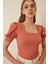 Kadın Gül Kurusu Kare Yaka Örme Bluz HZL22W-BD104091 2