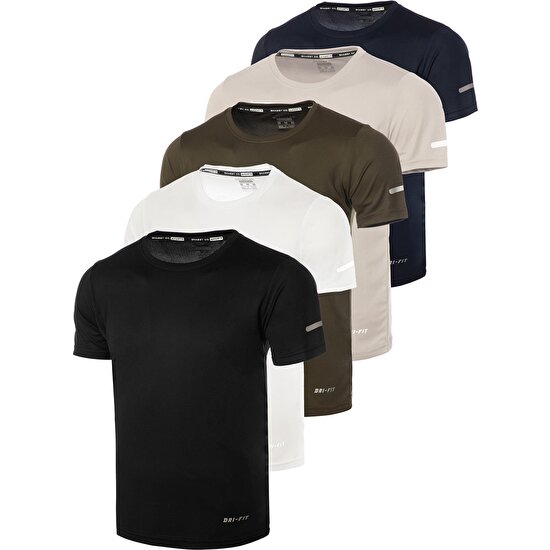 Ghassy Co. Erkek 5'li Paket Dry Fit Siyah Lacivert Beyaz Haki Gri  Atletik Nem Emici Günlük Tshirt