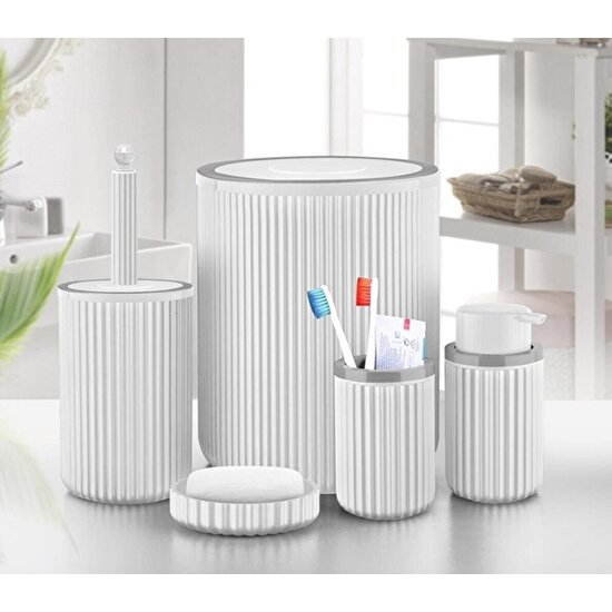 Sas Çöp Kovası Tuvalet Fırçası Sıvı Sabunluk Diş Fırçalık Katı Sabunluk 5 Parça Banyo Seti 5 Litre Beyaz