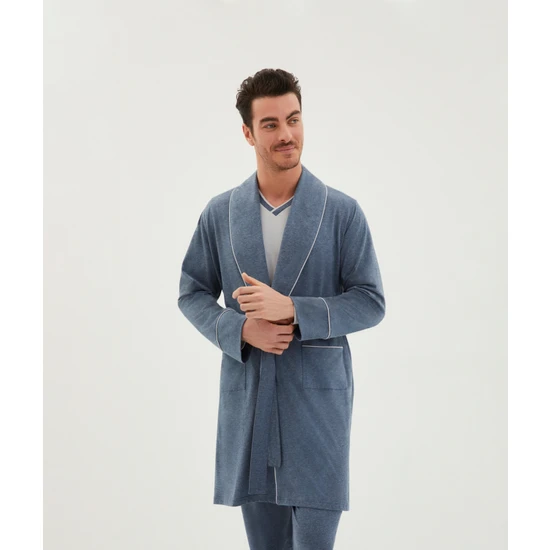 Kiğılı Penye Roblu Çift V Yaka Omuzda Zincir Dikişli 3'lü Pijama Takımı