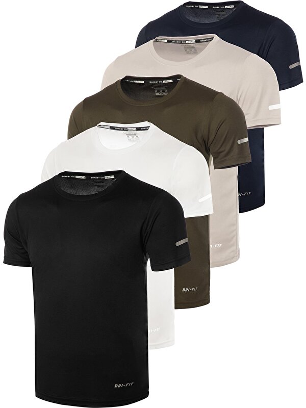 Ghassy Co. Erkek 5'li Paket Dry Fit Siyah Lacivert Beyaz Haki Gri  Atletik Nem Emici Günlük Tshirt