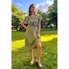 Neşeli Butik Kadın Yaka ve Kolları Fırfırlı Bağlama Detaylı Ayrobin Elbise NB10050