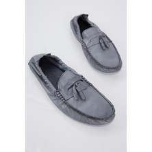 Tonny Black Erkek Gri Önü Püsküllü Arkası Lastikli Rahat Kalıp Deri Loafer