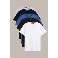 Comeor Erkek Çok Renkli %100 Pamuk T- Shirt Regular Fit Rahat Kesim V Yaka 5'li Basic Tişört Paketi