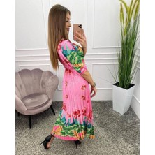 Wellway Krep Kumaş Kemer Detay Elbise Pembe