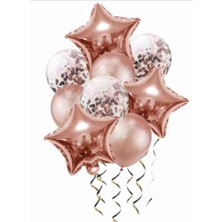 Deniz Party Store Rose Gold Folyo Yıldız Konfetili Şeffaf Balon Set