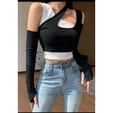 Club Soda Fashion Iki Parça Asimetrik Likralı Crop Top